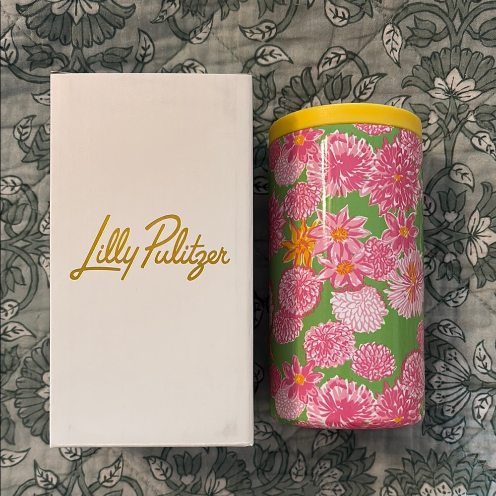 Lilly Pulitzer Pink and Green Floral Skinny Coozie with Yellow Rim